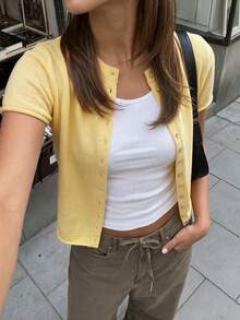 女款新款亮紅色短袖圓領單排扣修身針織毛衣 - 黃色 - 查看 2
