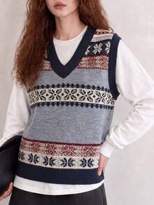 Women's Vintage Old Money Style V-Neck Pullover Vest, Autumn/Winter - Multicolor - View 1