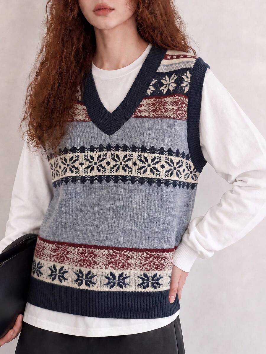 Women's Vintage Old Money Style V-Neck Pullover Vest, Autumn/Winter - Multicolor - View 1