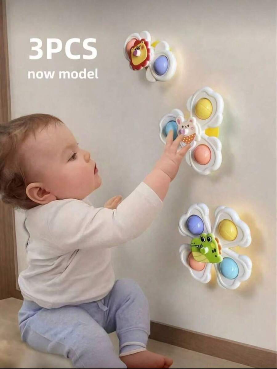 1 buah/3 buah Mainan Putar Kelopak Bunga Kartun dengan Perekat Hisap - Permainan Interaktif, Mainan Mandi dan Jendela Sensori untuk Anak-anak - MultiWarna - View 1