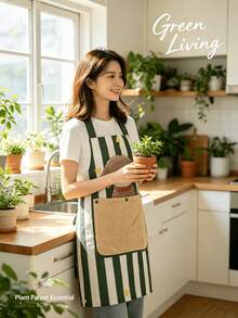 Korean-Style Vertical Striped Bamboo Cotton Apron With Printed Design And Large Pockets, Detachable Towel And Shoulder Straps - Suitable For Home, Daily Wear, Outdoor, Bookstore And Party Occasions, Women's - Multicolor - View 4