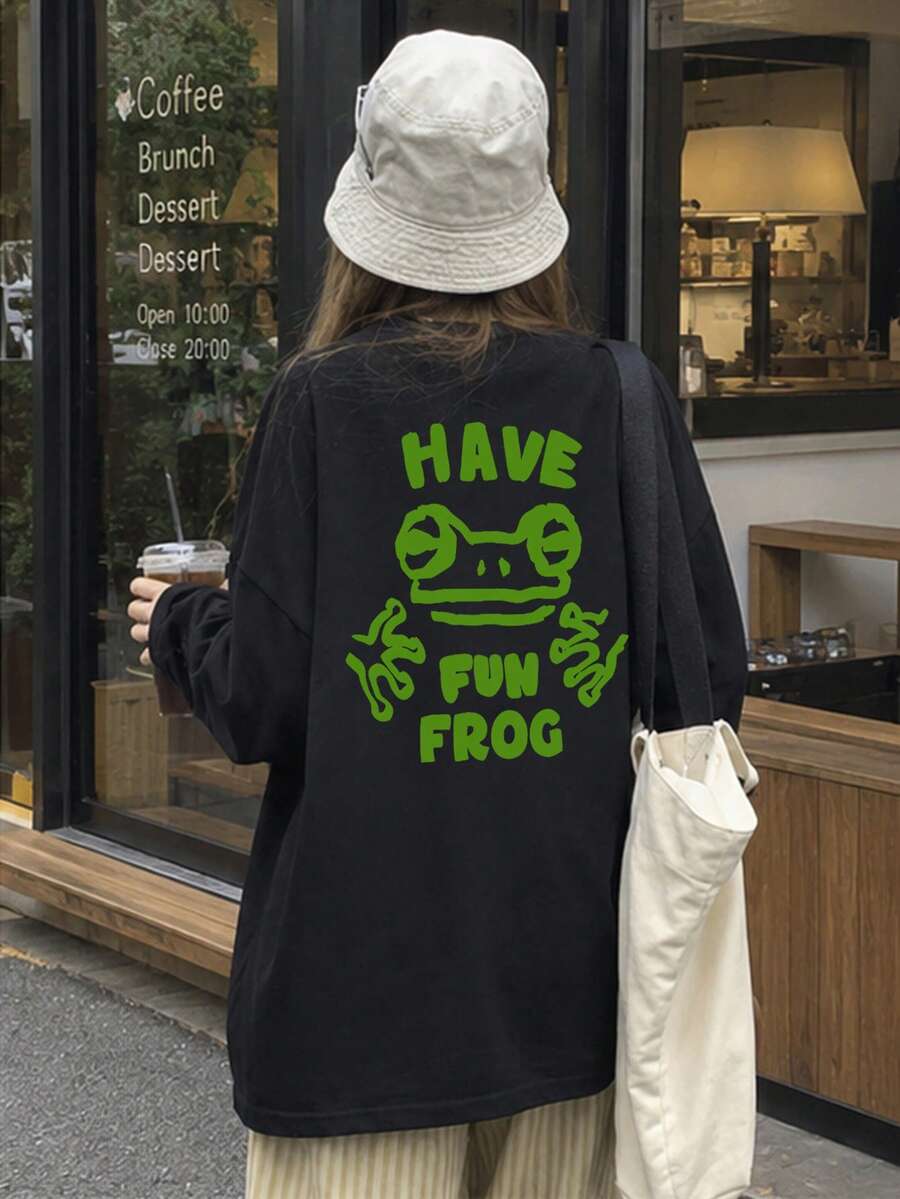Kaos Lengan Panjang Wanita Fashion Musim Semi/Gugur Katun Murni Potongan Longgar Serbaguna dengan Gambar Kartun Katak. - Hitam - View 1