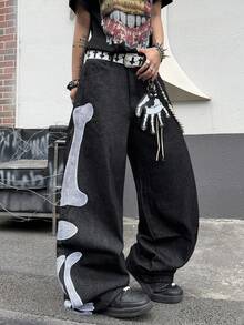 1pc Casual Loose Fit Embroidered Wide Leg Jeans, Comfortable American Street Style Pants, Suitable For All Seasons (No Belt Or Accessories) - الأسود - مشاهدة 6