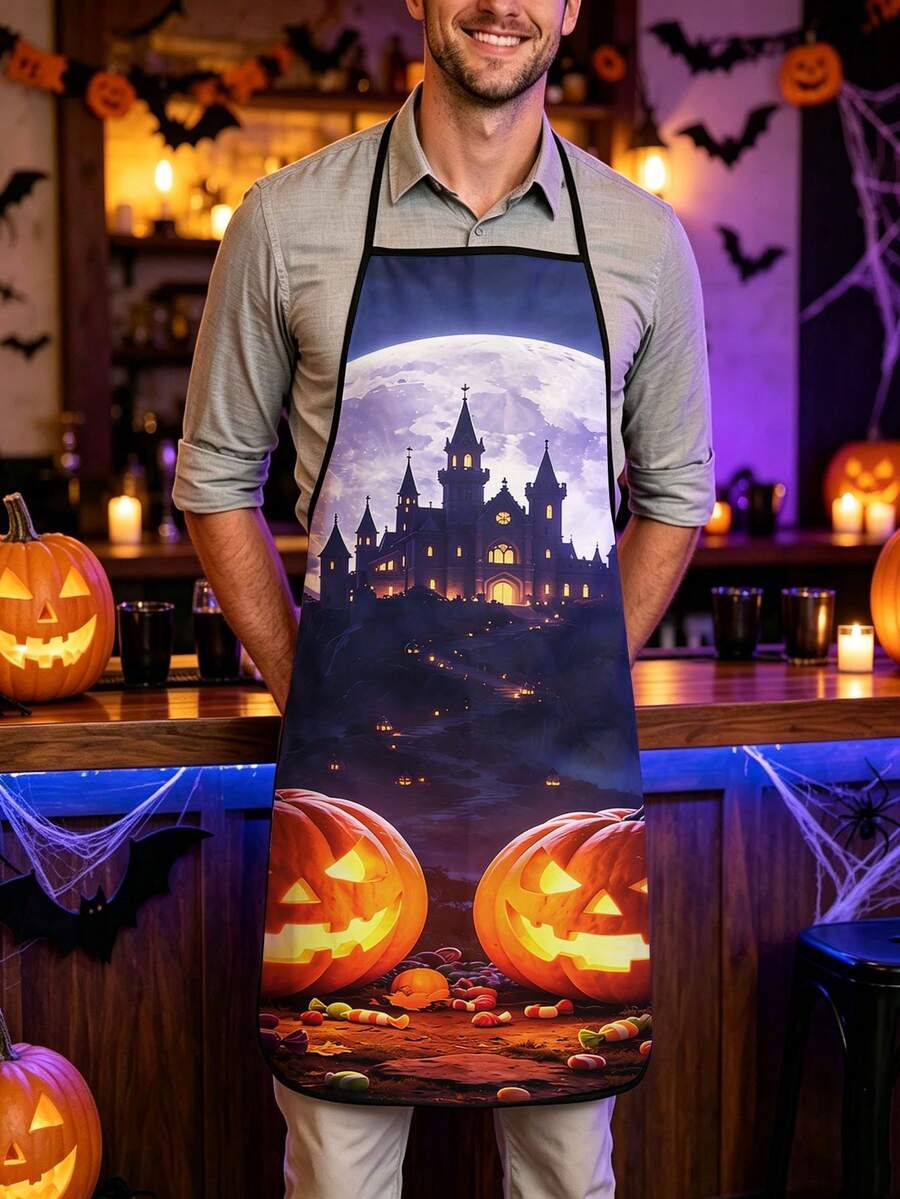 1pc/2Pcs/4Pcs Spooky Dark Halloween Apron, Witch Cauldron Haunted Castle Full Moon Pumpkin Print Apron, Cooking Baking Holiday Costume Apron - Multicolor - View 1