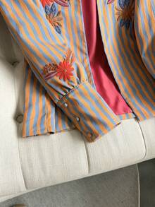 Women's Open Front Printed Embroidered Long Petal Sleeve Round Neck Loose Short Woven Blue & Orange Jacket, Vintage Casual Weekend Outfit, Spring/Autumn - Orange Blue - View 9