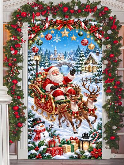 1 pièce - Tissu de porte suspendu avec traîneau à double renne et Père Noël, matériau en polyester, fleurs rouges, pommes de pin, étoiles, boules de Noël, Père Noël souriant assis sur le traîneau, boîtes cadeaux, ours en peluche ; deux rennes tirant le traîneau vers l'avant, décoration de Noël, décoration de porte Père Noël, tissu suspendu d'ambiance de Noël, fournitures pour fête de vacances, décoration de Noël pour la maison, décoration de porte d'entrée pour fête du réveillon de Noël et du Nouvel An