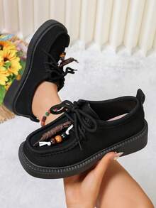 Autumn New Suede Round Toe Women's Beaded Tassel Design Thick Sole Chunky Heel Lace-Up Commuter Casual Shoes - Black - View 5