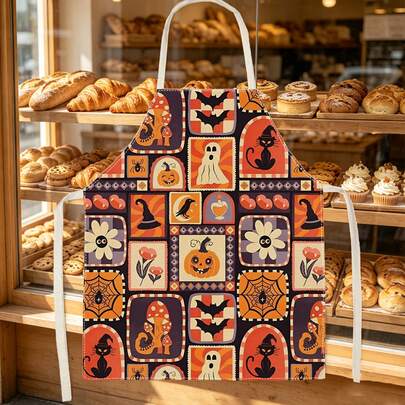 1pc Halloween Vintage Patchwork Print Apron - Sleeveless Halter Neck Design, Durable And Comfortable Fit, Featuring Vintage Block Patchwork, Black Cat, Mushroom And Ghost Patterns, Suitable For Cooking, Baking And Home Cleaning, Household Cleaning, Housework Apron, Hand-Painted Handmade Gardening Apron, Fun Holiday Gift