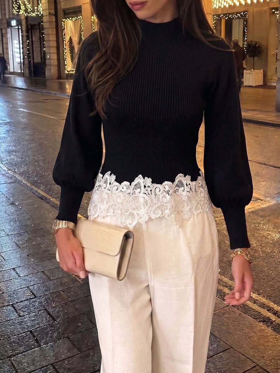 Black Fitted Knit Sweater With Elegant Lantern Sleeves And Embroidered Lace Hem Splice, Suitable For Dating, Commuting, Holidays And Parties