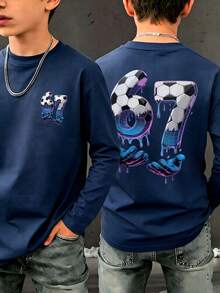 Tween Boy Casual Fun Graphic Print Crew Neck Pullover Long Sleeve T-Shirt, Autumn/Winter Top - Navy Blue - View 1