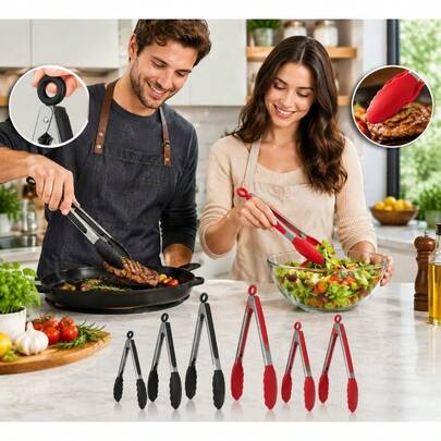CIHYPEV Three-Piece Pointed Barbecue Tongs - 403 Stainless Steel - Suitable For Cooking, Barbecuing, Salad, Baking And Serving - Red And Black Dual-Color Handles, Food- Kitchen Utensils, Essential Outdoor Barbecue Tools (Three Sizes Available) Food Tongs