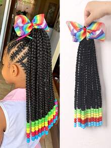 1pc Kids Wig, With Colorful Bow Clip, Fluffy Cute Short Ponytail, Decorated With Colorful Beads At The Ends, Suitable For Daily Wear And Parties. - Black - View 10