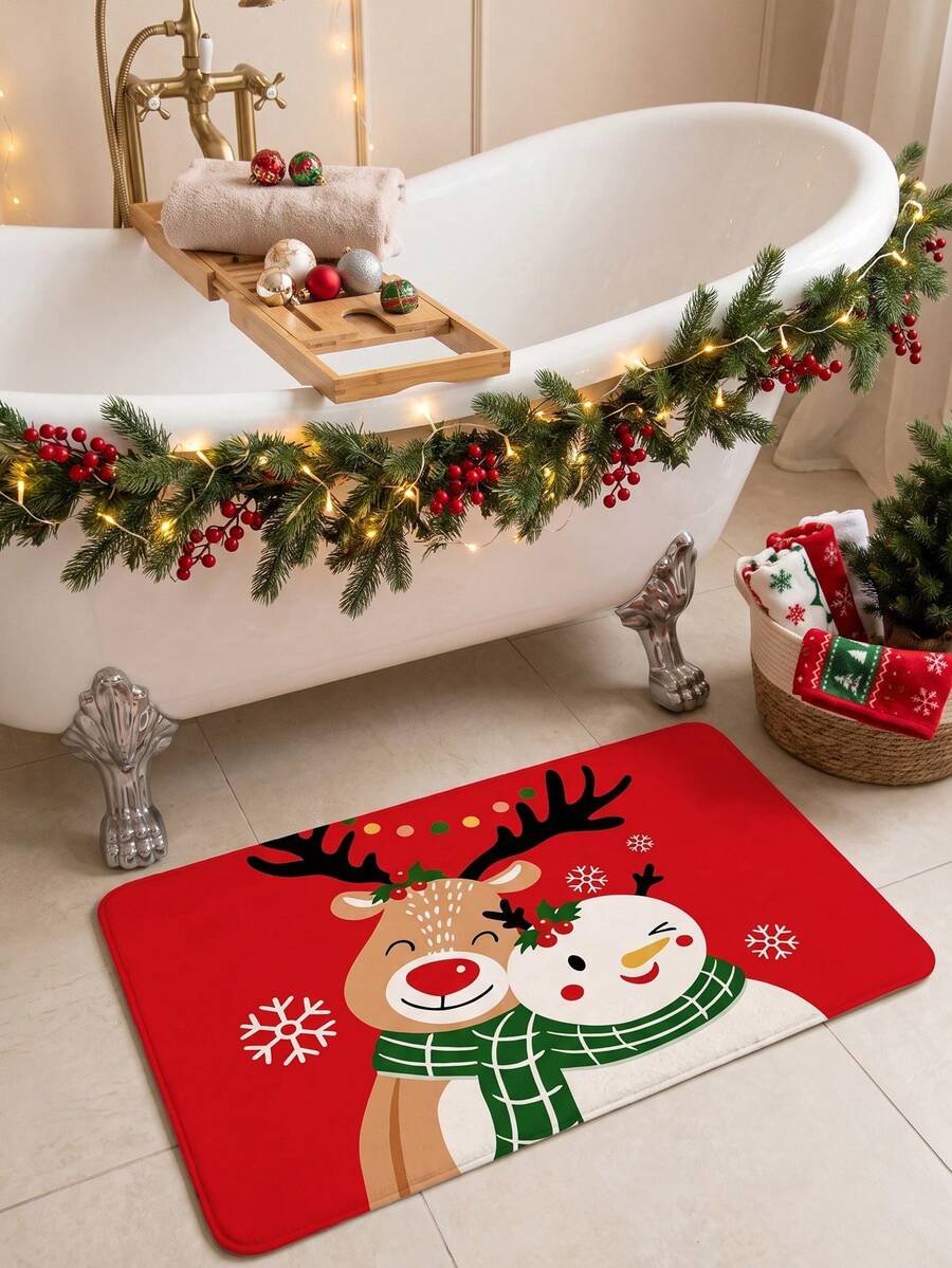 A Comfortable And Vibrant Christmas Themed Doormat, Featuring Reindeer And Snowman Designs, Made Of Flannel Material, With A Vibrant Red Background And Smiling Reindeer. - A - View 1