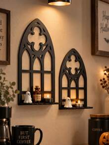 1pc Arched Wall-Mounted Storage Rack, Vintage Gothic Style Black Hollow Wall Display Shelf, Cathedral-Inspired Mini Plant Shelf, Halloween Party Backdrop Candle Holder Wall Storage Rack, Home Decor For Entryway, Living Room, Study, Bedroom, Aromatherapy Stone & Crystal Display, Gift - B - View 5