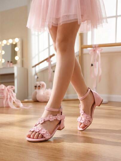 New Autumn/Summer Fashion Girls' High Heel Roman Pearl Decor Sandals, Floral Design, Student Performance Dance Shoes, Suitable For Weddings, Parties, Daily Comfortable Low Heel Shoes, Children's High Heel Crystal Princess Shoes