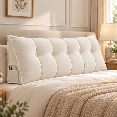 Chenille Tufted Headboard Wedge Pillow Backrest Pillow With Side Pocket Bed Reading Pillow Cushion Twin Queen King With Removable Cover For Bedroom Couch Lounging