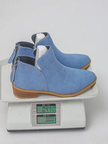 Women's Comfortable Round Toe Suede V-Cut Back Zipper Low Heel Blue Ankle Boots, Casual Style, New Autumn/Winter Daily Wear - Blue - View 8