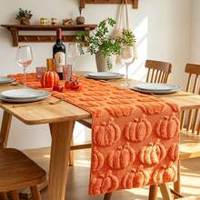 1pc Halloween Thanksgiving 3D Pumpkin Plush Table Runner, Orange Embossed Autumn Dining Table Decor, Festive Atmosphere Tablecloth Runner - Multicolor - View 1