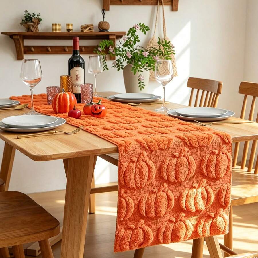 1pc Halloween Thanksgiving 3D Pumpkin Plush Table Runner, Orange Embossed Autumn Dining Table Decor, Festive Atmosphere Tablecloth Runner - Multicolor - View 1