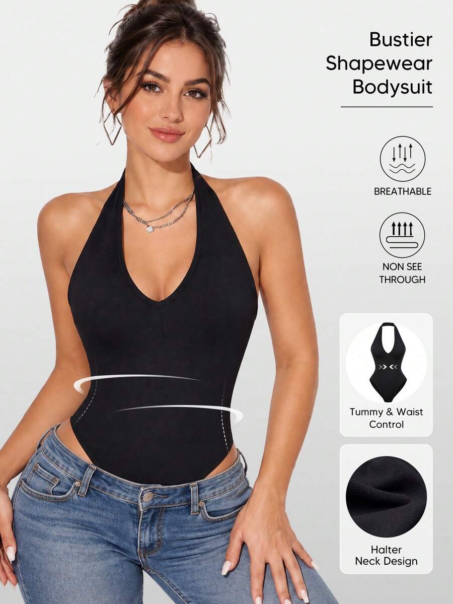 Women's Sleeveless Halter Deep V-Neck Bodysuit Black