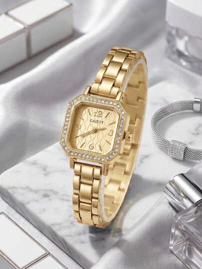 1pc Women's Quartz Watch With Gold Alloy Band, Vintage Square Dial, Fashionable Elegant Elegant Minimalist Scale, Suitable For Daily Wear, Decoration Or Valentine's Day, Thanksgiving, Birthday And Various Festival Gifts For Girlfriend And Mother