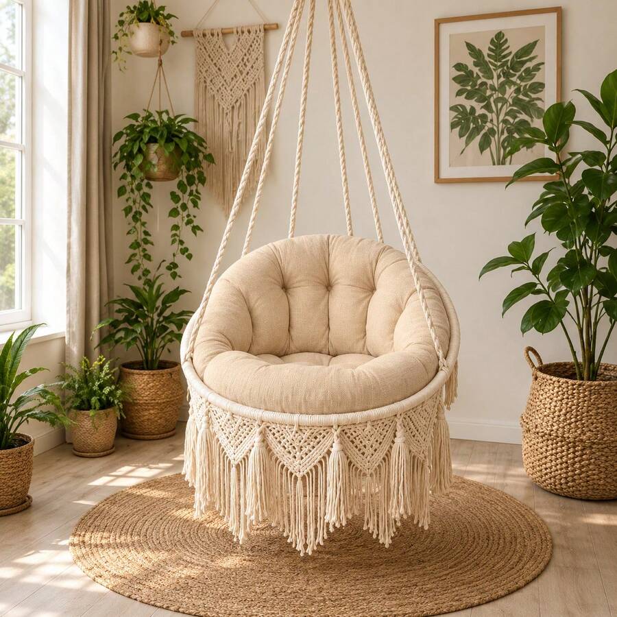 55 X 140 Cm Macrame Hanging Chair Cushion Set, 8 Cm Thick Polyester Seat And Backrest Pads For Swing Chairs - Apricot - View 1