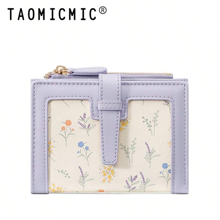 Women's Small Floral Print PU Wallet, Bi-Fold Card Holder With Keychain, Zipper Coin Pocket, Multiple Card Slots And Cash Compartment