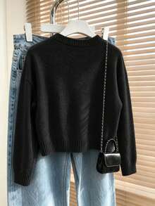 Elegant Women's Grey Long Sleeve Sweater, Rib-Knit With Stylish Asymmetrical Design And Gold Button Embellishments For Fall Winter - Black - View 2