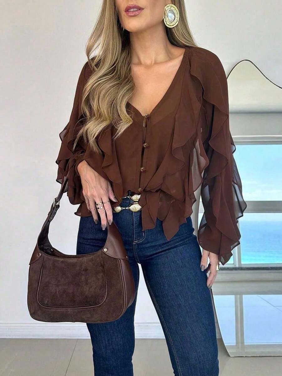 SUNSTORY Women's Autumn Casual Commute Office Asymmetrical Ruffle Semi-Sheer Coffee Color Blouse, Suitable For Commuting, Dating, Shopping, Country Music Concert - Brown - View 1