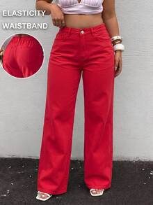 Plus Size Bright Red High Waist Wide Leg Denim Jeans, Casual Loose Fit Denim Pants For Autumn/Winter - Red - View 1