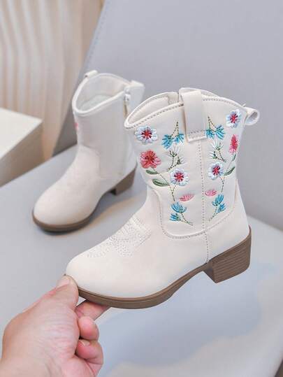 Infant Boots Girls Shoes High Top Boots Mid-Calf Boots Embroidered High Heels Western Cowboy Boots Pointed Toe Side Zipper Embroidered Casual Shoes