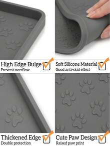 1pc Silicone Pet Feeding Mat With High Edge Design, Waterproof Anti-Spill Dog & Cat Food Mat, Non-Slip Paw Pattern Water Bowl Placemat, Washable Wipeable Rollable Floor Protection Tray, Suitable For Puppies & Kittens - Grey - View 9