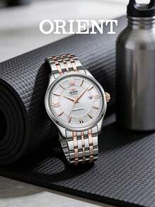 Men's ORIENT Two‑Tone Automatic Mechanical Watch Textured Silver Dial Roman Numeral Indices Date Display Stainless Steel Bracelet Business Dress Watch - SAC04001W0 - View 5