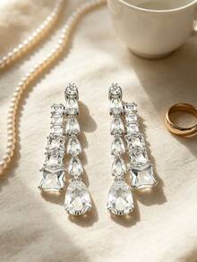 Swarovski 1 Pair Silver Teardrop & Square Glass Rhinestone Tassel Long Pendant Earrings, Exaggerated Style Jewelry For Women Wedding Party - Silver - View 5