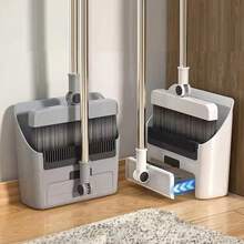 Juego de escoba y recogedor 3 en 1 con cepillo integrado, kit de limpieza para el hogar 3 en 1: escoba de cerdas suaves, recogedor y cepillo combinados, escoba y recogedor integrados, diseño plegable compacto para uso en el hogar, residencia de estudiantes, colegio, oficina y coche, - Gris - Ver 2