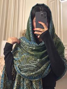 1件女款時尚保暖印花圍巾，經典佩斯利花紋希賈布披肩，適用於阿巴亞 - 翠藍色 - 查看 4