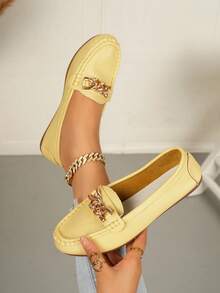 Women's Spring New Gold Chain Elegant Slip-On Loafers, Lightweight Comfortable Versatile Rubber Flat Shoes - Yellow - View 2