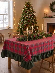 1pc Red & Green Classic Large Plaid Tablecloth, Traditional Country Style, Rectangular Green Leaf Edge With Pleated Details, Stain-Resistant Protective Table Cover, Functional Home Long Tablecloth Suitable For Christmas Family Gatherings And Winter Holiday Kitchen Decor - Red - View 7