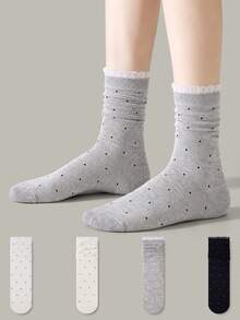 ZUJO 4 Pairs Women's Mid-Calf Slouch Socks, Ruffled Polka Dot Pattern, Suitable For All Seasons, Perfect For Home And Travel, Simple And Comfortable, Random Color - Multicolor - View 4