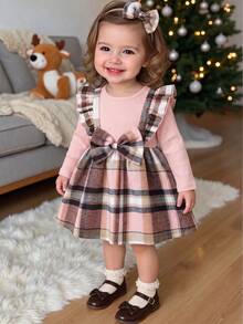Baby Girls Valentine's Day Red Plaid Cute Bow Plaid Patchwork Ruffle Hem Long Sleeve Dress + Bow Hair Scrunchie - Pink - View 3