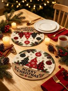 1/2/4pcs Christmas Placemats, Christmas Tree, Christmas Ball And Pine Cone Elements, Round Design, Linen Material, Suitable For Christmas Decoration, Family Gathering Party, Table Decor, Holiday Decor, Indoor Decor. - Multiple Styles - View 3