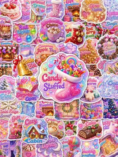 50Pcs Pastel Dreamy Christmas Stickers, Christmas Stickers With Cute Pink Sweet Stocking Candy Cabin Bell Motifs, Festive Party Decals For Journaling, Scrapbooking, Gift Wrapping, Tumbler & Notebook DIY Craft Decor