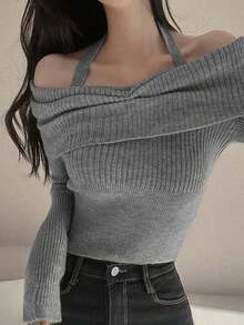 Off-Shoulder Long Sleeve Top Niche Design Slimming Short Cropped Halter Neck Sweater - Medium Gray - View 3