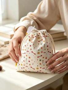 Cream Canvas Floral Dot Drawstring Makeup Bag Portable Handheld Travel Cosmetic Storage Pouch Gift L'Occitane Drawstring Bag - White + Yellow + Red - View 4