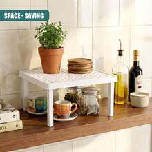 Geezy Stackable Square Shelf Insert - Small Kitchen Cupboard Organiser & Pantry Cabinet Counter Storage Rack - White Space Saving Plastic Stand For Mugs, Plates, & Bowls - View 2