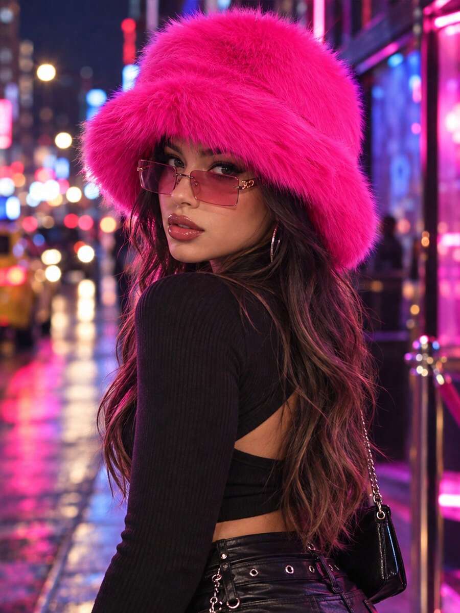 1pc Y2K Style Autumn/Winter Faux Fur Bucket Hat, Fluffy Wide Brim Street Fashion Warm Ear Protection Hat, Suitable For Halloween Party - Plush Bucket Hat - View 1