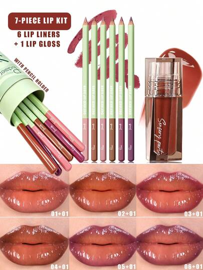 Pudaier 7-Piece Lip Makeup Set, 6 Lip Liner Pencils + 1 Lip Gloss With Pencil Holder-Shine Long-Wear Lip Set For Plump Glossy Lips For Daily Date Night, Halloween & Party Looks
