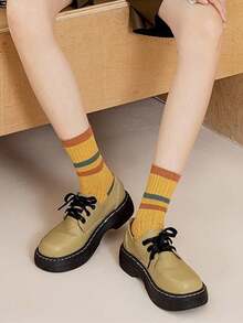5 Pairs Women Retro Color Block Striped Mid-Calf Socks, Soft Cozy Warm Casual Socks For Fall Winter - Multicolor - View 6