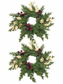 1/2pcs Red Berry & Gold Leaf Wreath - Artificial Green Pine Needle Candle Ring For Wedding Table Centerpiece, Holiday And Party Decor - A - View 18