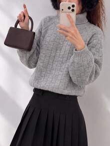 Sweater Pullover Rajut Tekstur Leher Tinggi Longgar Kasual Baru Musim Dingin Wanita - Grey - View 4
